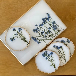 Pressed Blue Forget Me Not Flowers and White Resin Tray & Coasters with Gold | Housewarming Gift | Mother’s Day | Cocktails Coffee | Vanity
