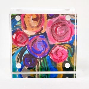 Art Acrylic Block, 2x2", Bouquet, Floral, Flowers, Art decor, home decor, tiny art, tiny art print